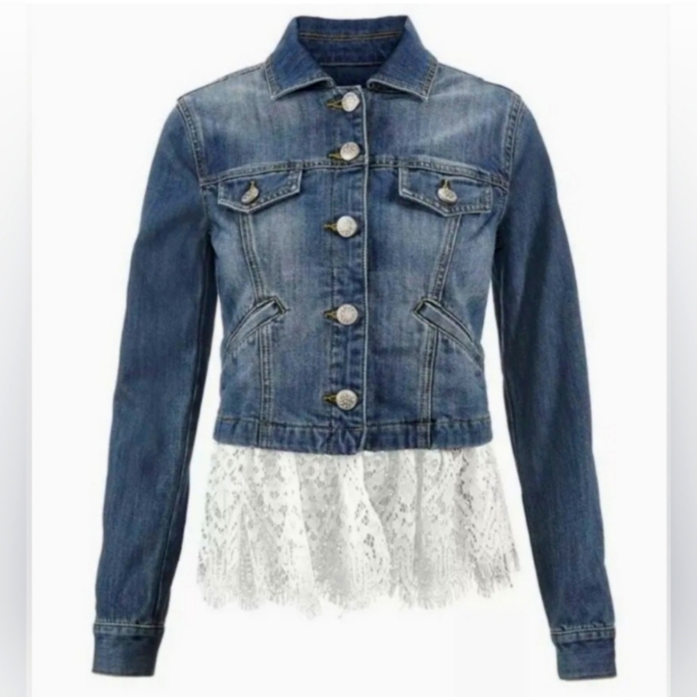 Cabi - The Dakota Removable Lace Denim Jacket Small Jean Chantilly Convertible